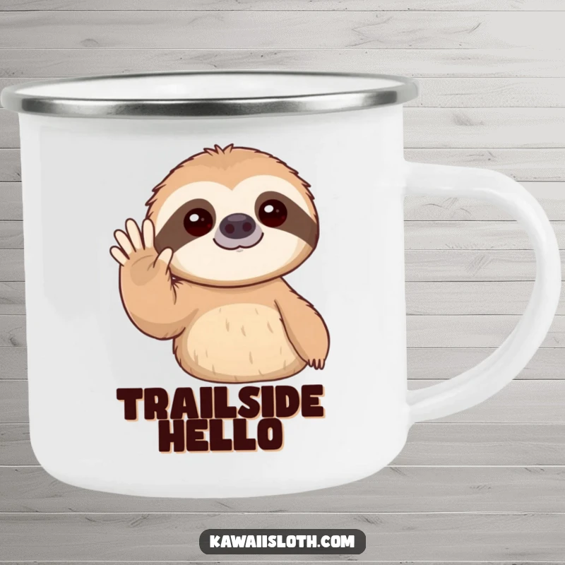 Funny camping mug with a sloth giving a slow, gentle wave, perfect for outdoor drinks with a friendly touch.