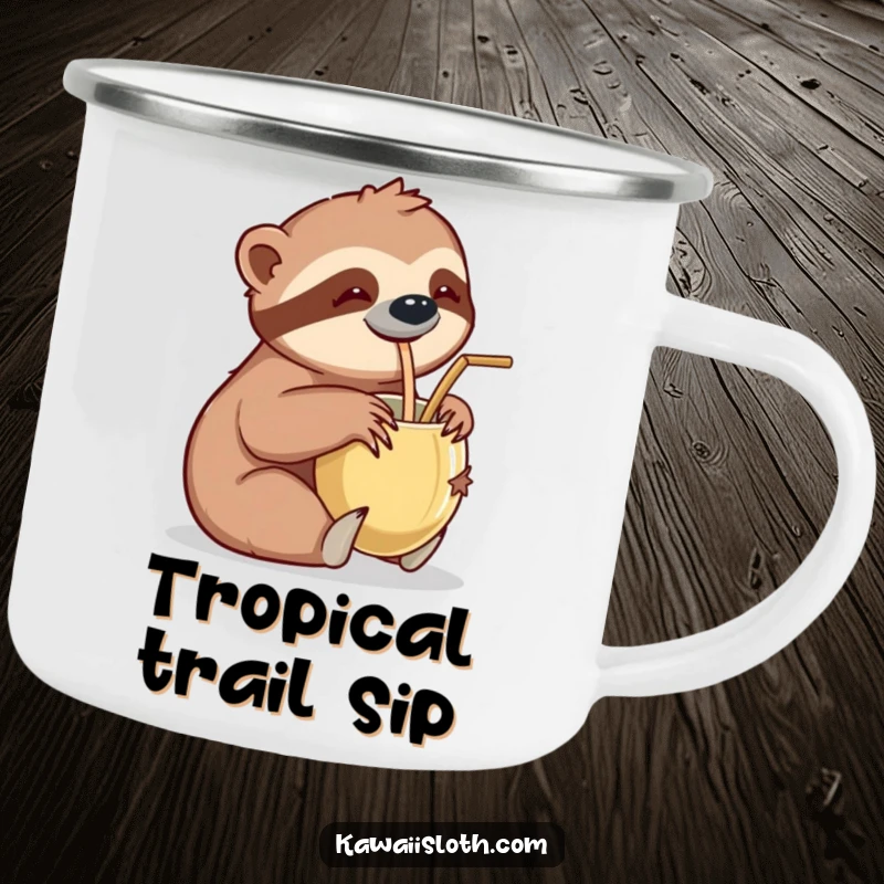 Funny camping mug with a sloth leisurely sipping from a coconut cup with a straw, perfect for outdoor relaxation and humorous moments.