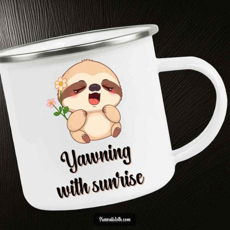 Funny sleepy sloth camping mug with a yawning sloth and flower, designed for slow mornings and comical outdoor experiences.