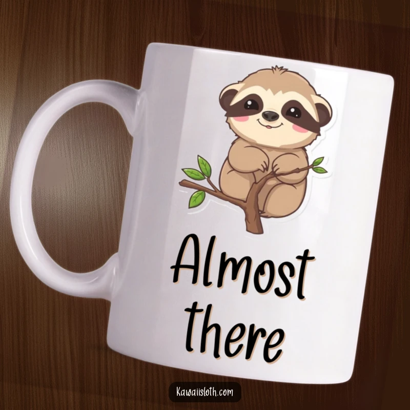Funny mug featuring a sloth comically stuck halfway up a tiny branch, capturing amusing struggle.