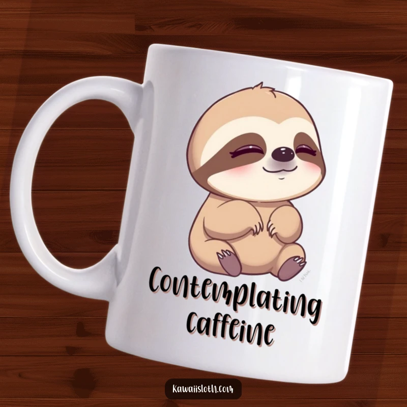 Funny mug featuring a sloth slowly blinking, enjoying quiet observation, conveying calm humor.