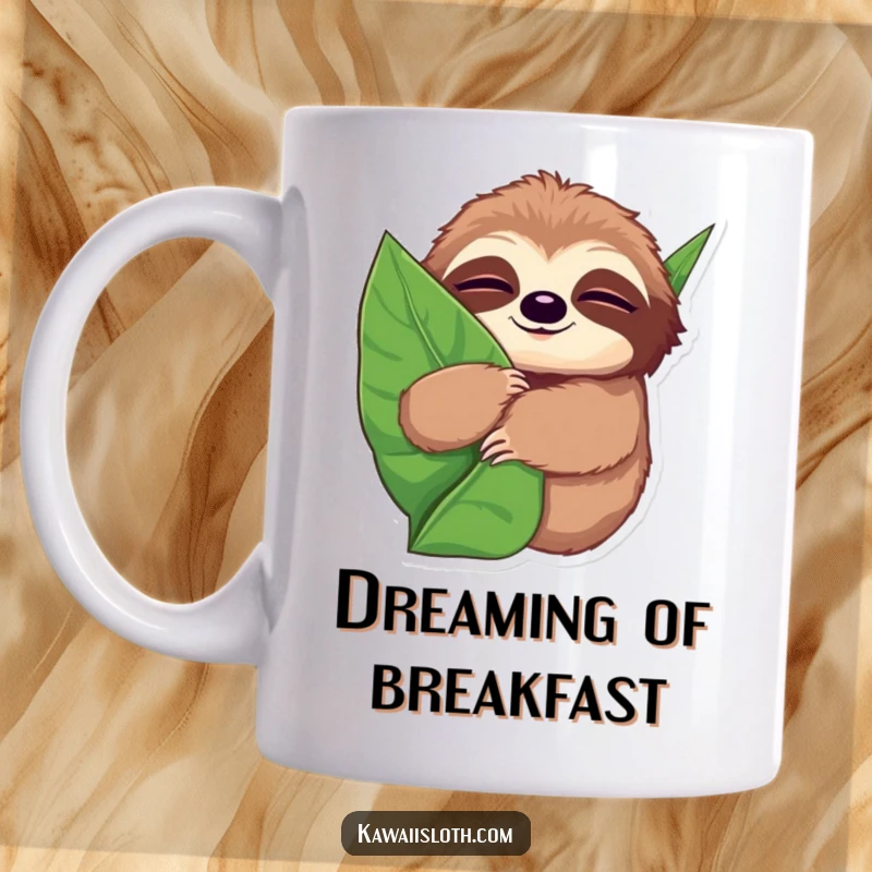 Funny mug showing a sloth with wide, sleepy eyes, hugging a giant leaf with a serene and content expression.