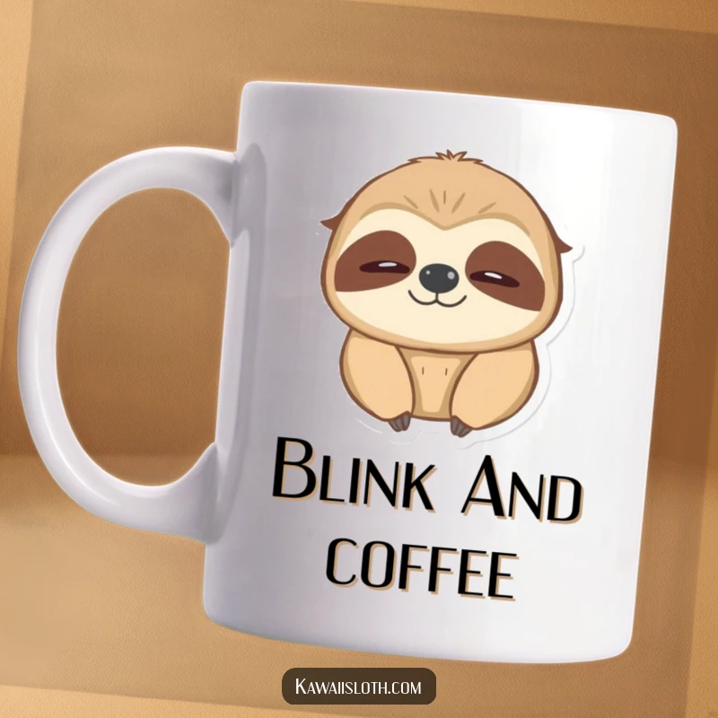 Funny blinking sloth mug, a sleepy sloth slowly blinking with a gentle, warm, fuzzy glow emanating from its eyes.
