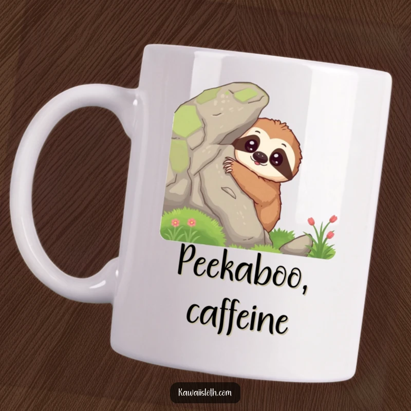 Funny curious sloth mug, a sloth peeking slowly with interest from behind a mossy rock, capturing a moment of gentle intrigue.
