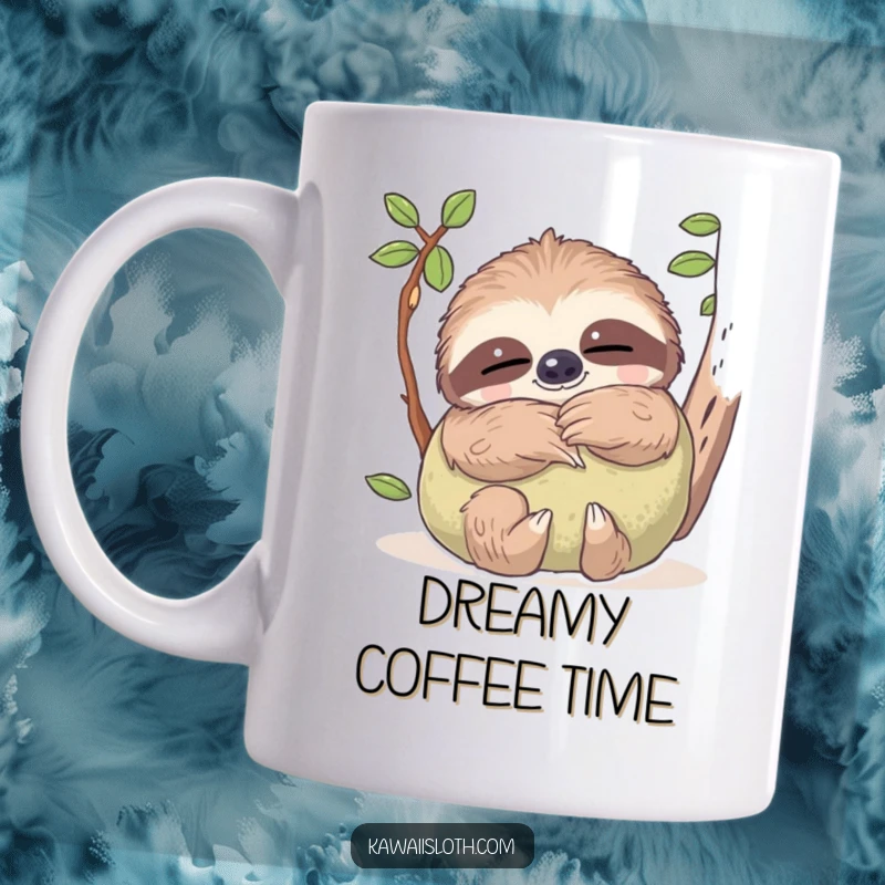 Funny mug depicting a sloth with dreamy eyes, contentedly hugging a soft, mossy pillow, embodying ultimate comfort and relaxation.
