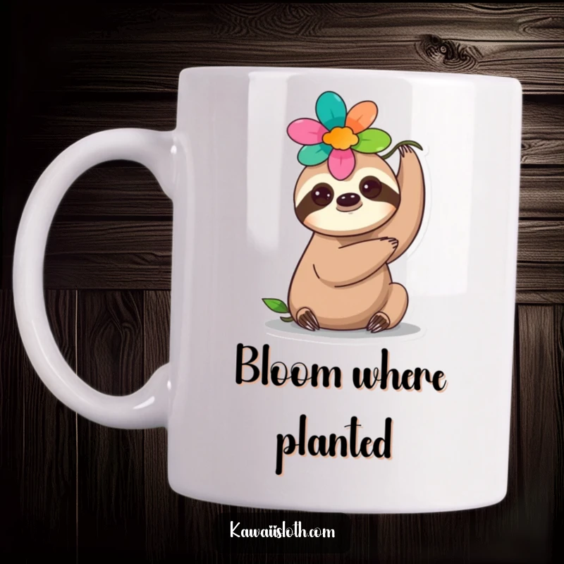 Funny flower sloth mug, a cute sloth gracefully balancing a vibrant colorful flower on its head, exuding peaceful charm.