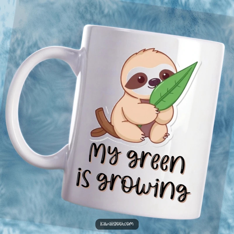 Funny Gentle Sloth Mug: a sloth carefully holding a large leaf, embodying nature and peace.