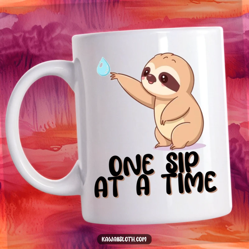 Funny kawaii sloth mug extending a slow arm towards a shimmering dewdrop, showcasing patience and gentle humor with a cute character.