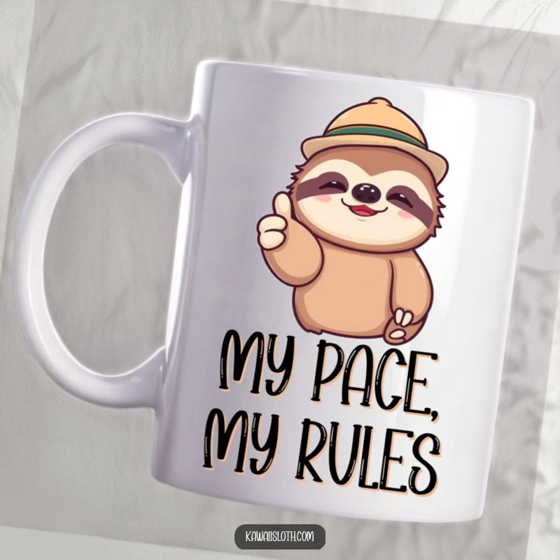 Funny mug featuring a lazy sloth in a tiny hat, offering a slow, relaxed thumbs up with a gentle smile.