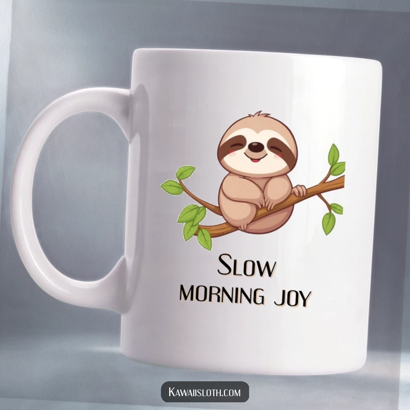 Funny mug depicting a sloth with a relaxed smile, gently swaying on a tree branch, embodying peace and slow living.