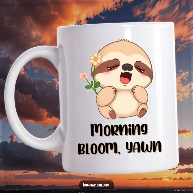 Funny sleepy sloth mug with a deep yawn, a small flower on its head, capturing morning grogginess with comical charm.
