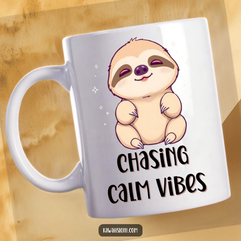 Funny sloth mug, sloth reaching languidly for a peaceful aura, serene and humorous, great funny gift for relaxation.