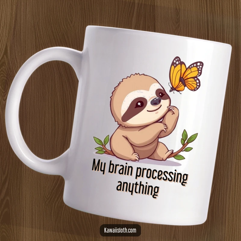 Funny Mug featuring a sloth slowly nodding its head in awe at a delicate butterfly fluttering by, a picture of peaceful observation.