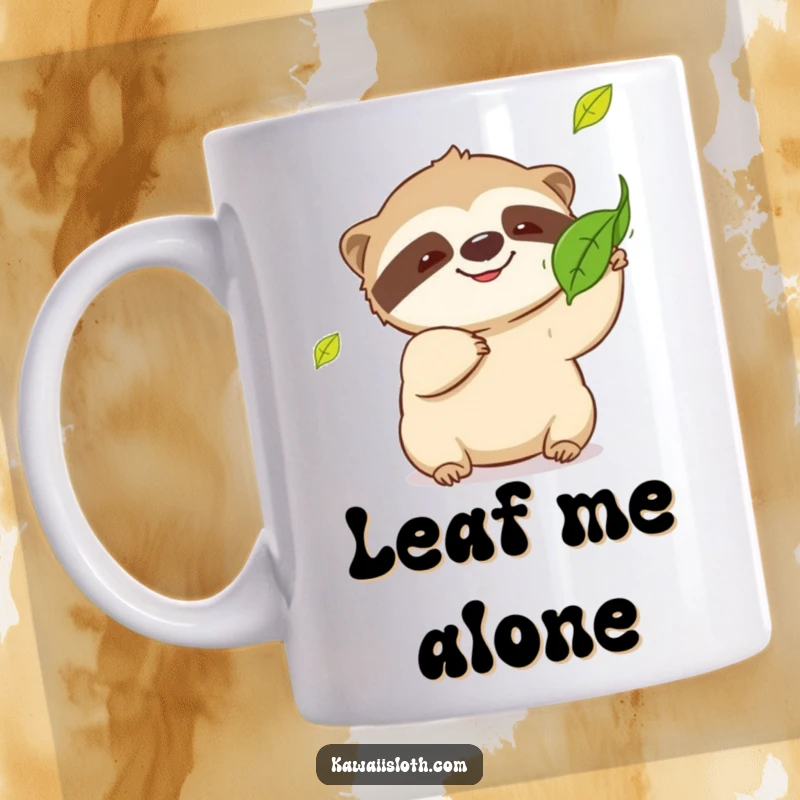 Funny sloth mug, playful sloth with a slow grin, hilariously attempting to catch a falling leaf, perfect for slow mornings and giggles.