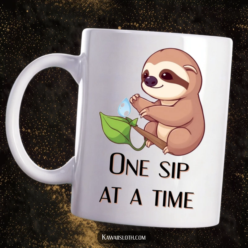 Funny mug illustration of a sloth carefully reaching for a sparkling dewdrop on a green leaf, depicting delicate curiosity and humor.