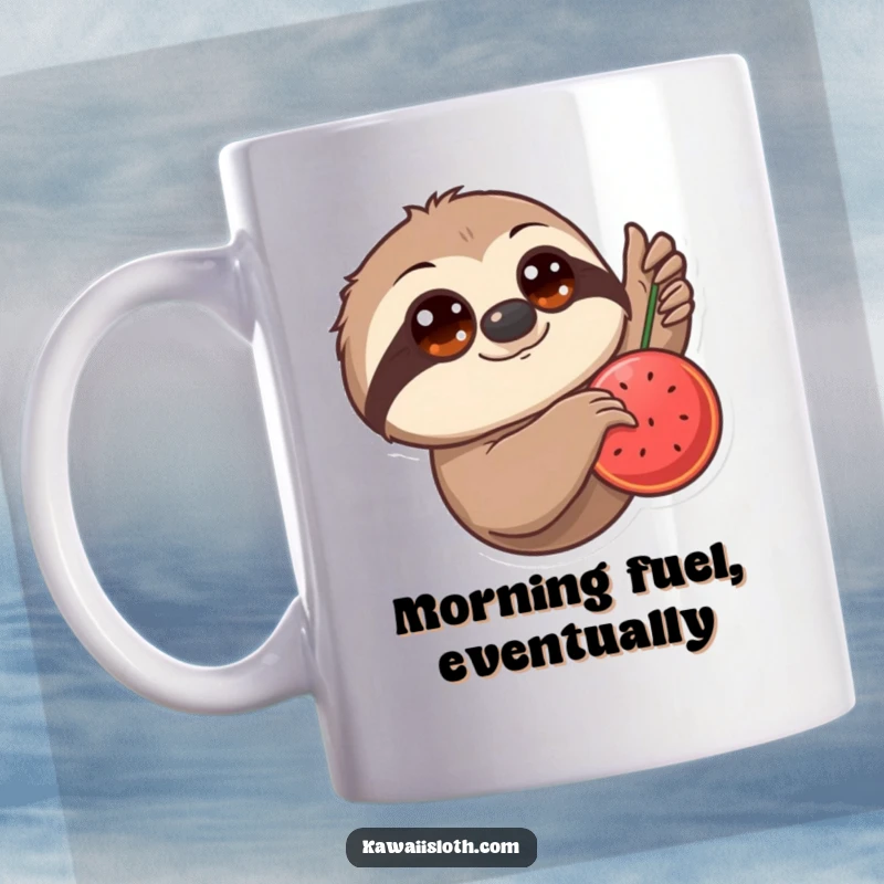 Funny Mug: A sloth with big eyes slowly reaches for juicy hanging fruit, embodying patience and desire for a tasty treat.