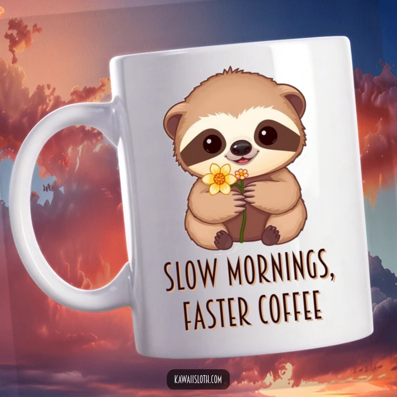 Funny mug featuring a cute sloth gently cradling a small flower, embodying carefulness and slow, happy moments.