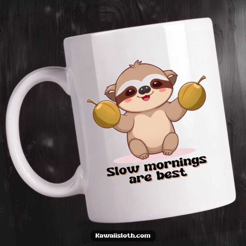 Funny sloth mug, comically attempting to juggle two coconuts, looking slightly overwhelmed, a perfect gift for slow lovers.