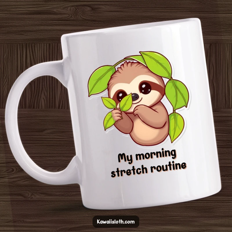 Funny mug with a smiling sloth gently holding a green leaf with two fingers, radiating pure joy and relaxed vibes.