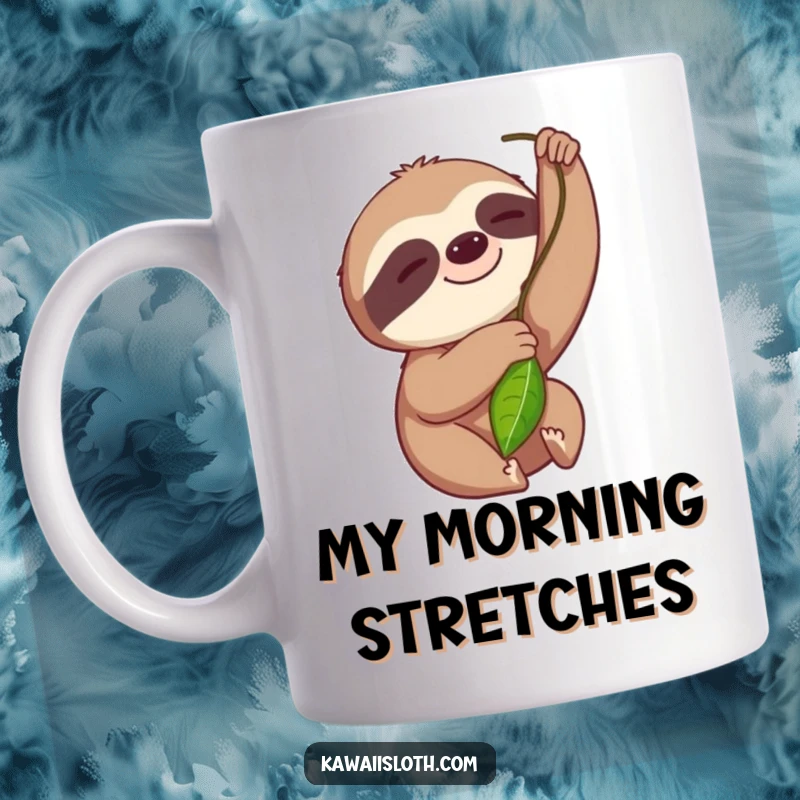 Funny mug featuring a smiling sloth slowly reaching for a green leaf, embodying a relaxed and happy mood.