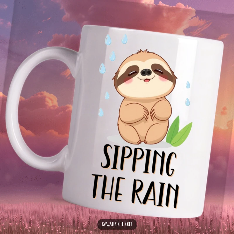 Funny mug depicting a sloth attempting to catch falling raindrops with a slow, happy smile, showcasing gentle humor and contentment.
