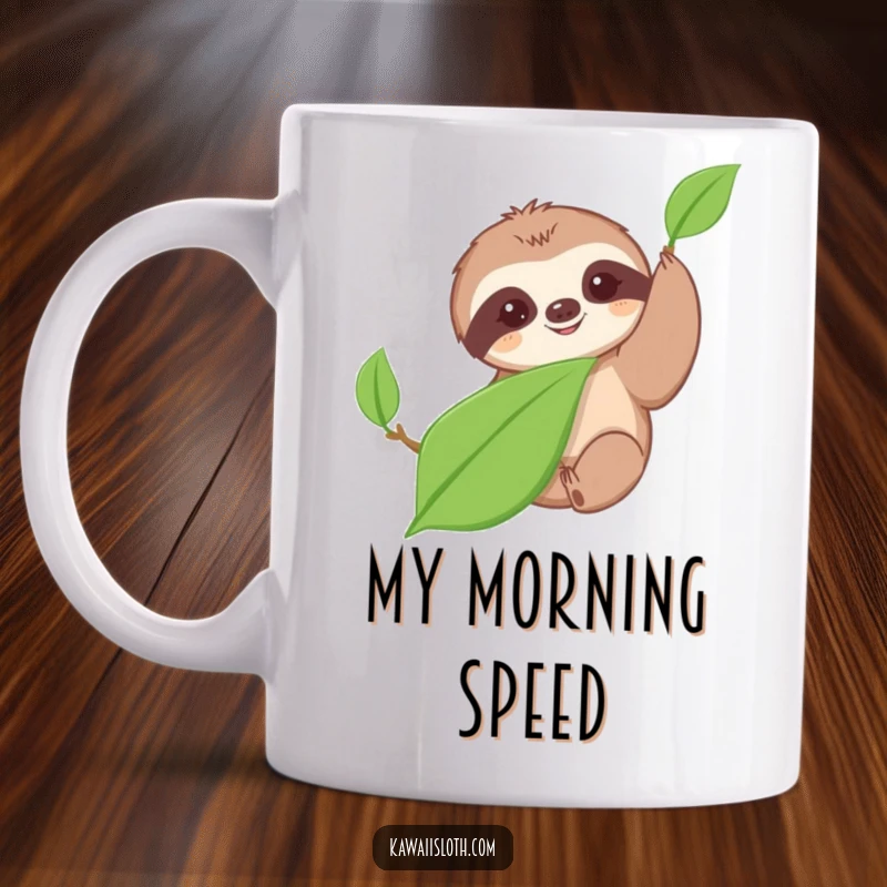 Funny mug featuring a cute sloth moving incredibly slowly to reach for a leaf, showcasing a humorous and relaxed personality.