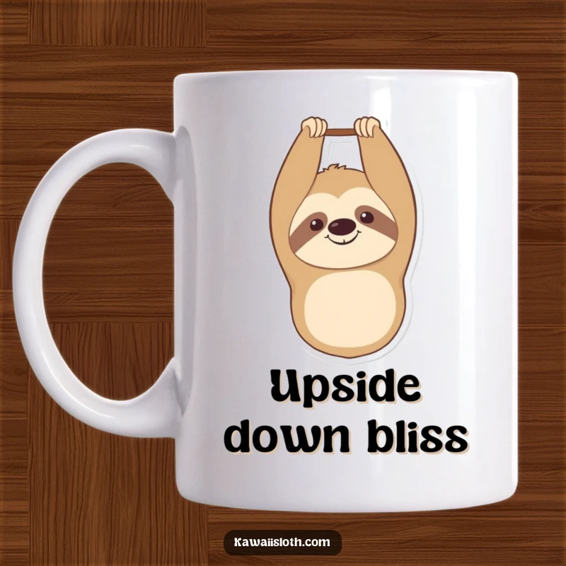 Funny mug featuring a smiling sloth hanging upside down with a contented expression, radiating pure joy and humor.