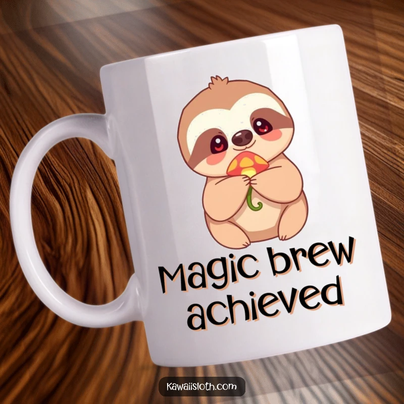 Funny Mug showing a sloth holding a tiny, glowing mushroom with wide eyes full of wonder and gentle humor.