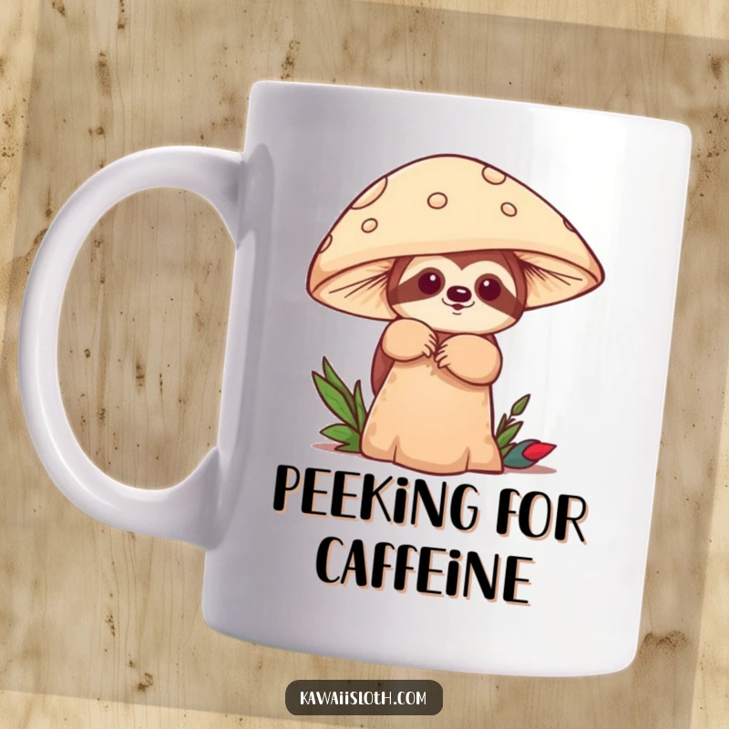 Funny mug showing a sloth playfully peeking from behind a large mushroom, a cute and humorous scene. A perfect gift.