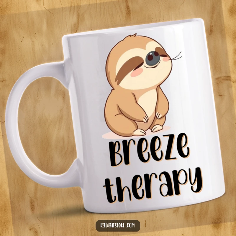 Funny mug depicts a sloth with a serene expression, peacefully enjoying an unfelt gentle breeze.