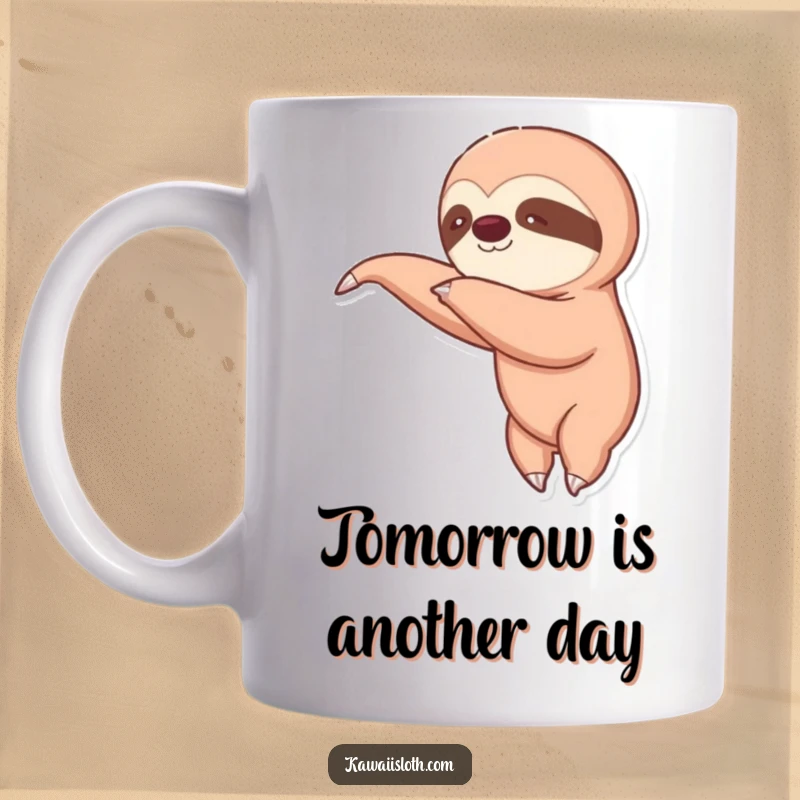 Funny mug featuring a sloth stretching its long, curved arm incredibly slowly. Captures the humor of delayed gratification and intentional movement.