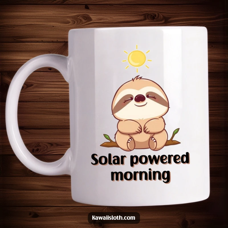 Funny sloth with closed eyes, basking in a warm sunbeam, depicted on a mug, symbolizing peace.