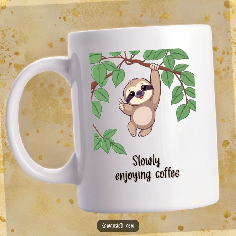 Funny mug showing a sloth playfully dangling from a vine, giving a big thumbs up with a happy and relaxed expression.