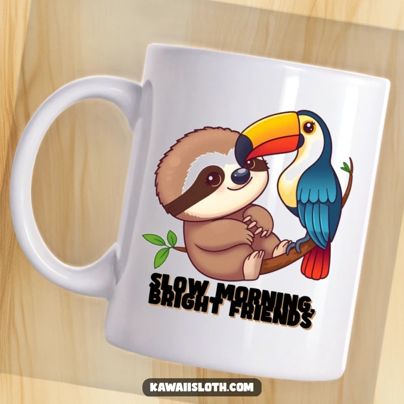 Funny sloth curiously observing a colorful toucan on a mug, depicting an amusing wildlife moment, perfect for nature lovers.