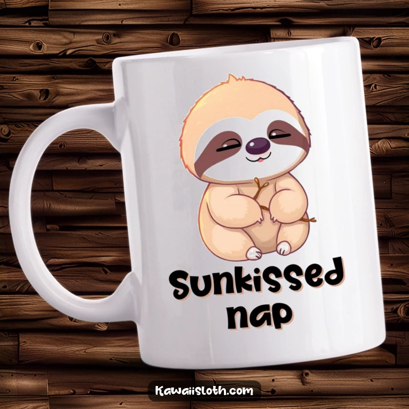 Funny sloth mug, sloth with twigs in fur, slowly blinking in sunlight, relaxed and humorous, great funny gift for nature lovers.
