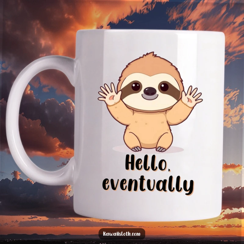 Funny mug with a sloth slowly waving hello with a gentle, drawn-out motion, conveying a humorous and friendly greeting.