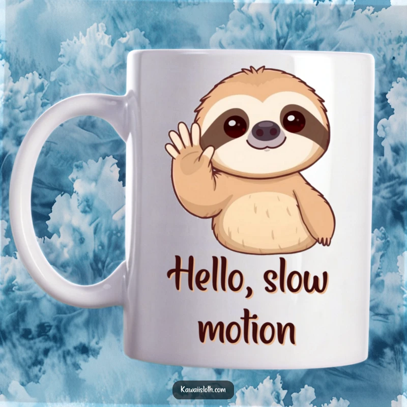 Funny mug features a sloth slowly moving its arm to give a sweet, gentle wave.