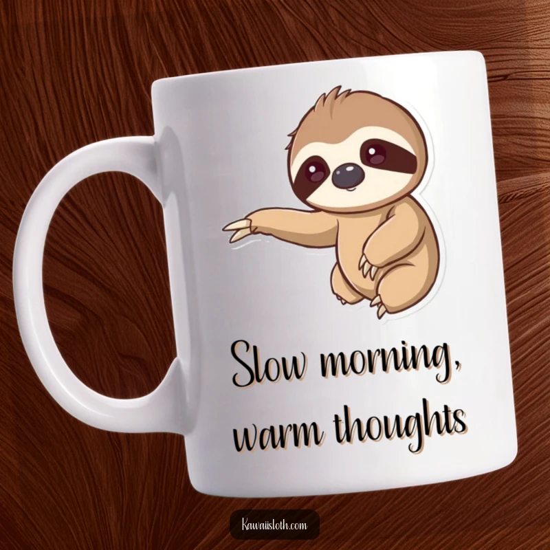 Kawaii sloth mug, cute animal art, reaching out arm, gentle hug, slow living, adorable drinkware, sweet gift.