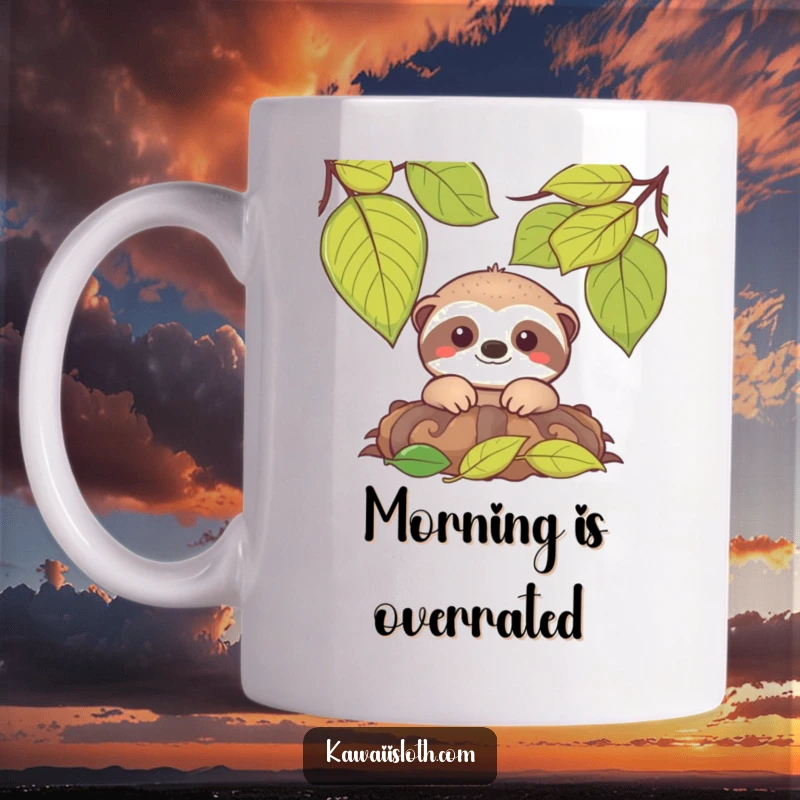 Funny mug with a cute sloth gently peeking from a pile of green leaves with a sweet, smiling expression.