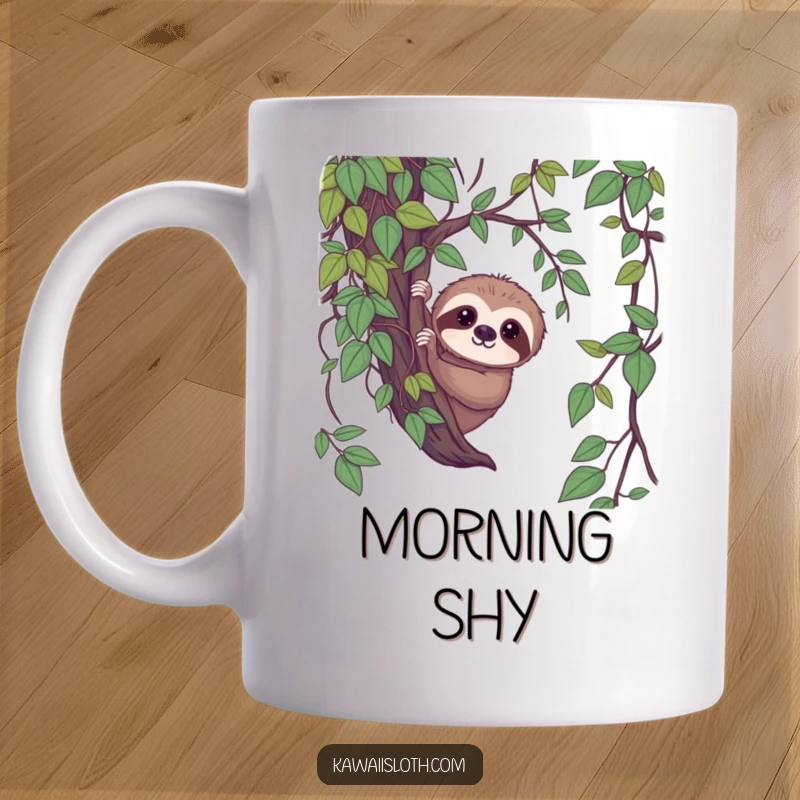 Funny shy sloth mug, sloth peeking from vines with a gentle gaze, heartwarming and humorous, great funny gift for nature lovers.