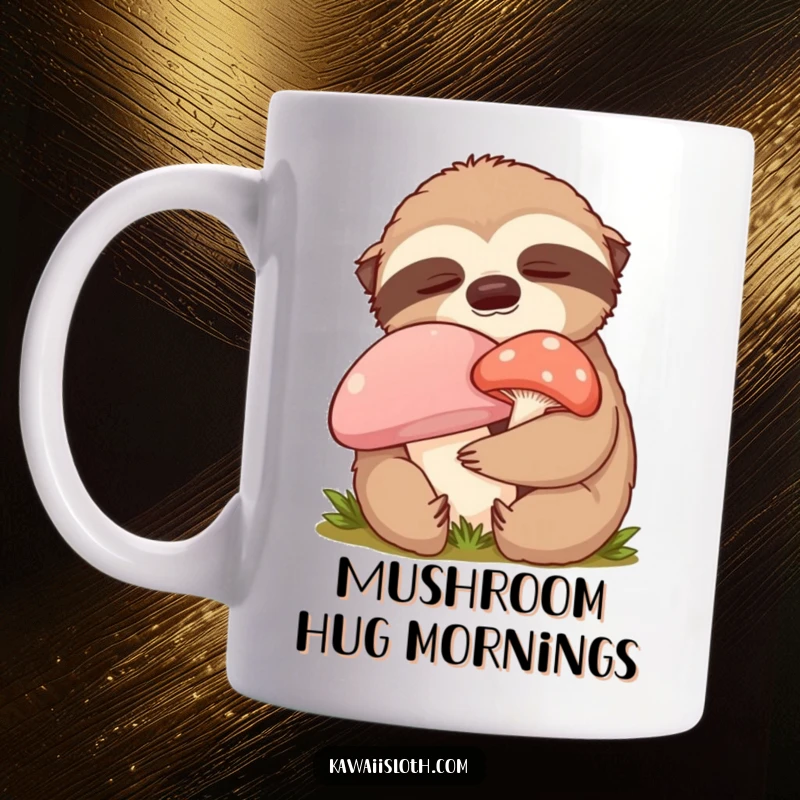 Funny content sloth mug, a sloth hugging a mushroom with closed eyes, radiating peaceful joy and comical contentment.