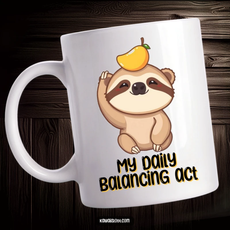 Funny mug featuring a sloth comically attempting to balance a tiny fruit on its head, embodying slow and steady effort.