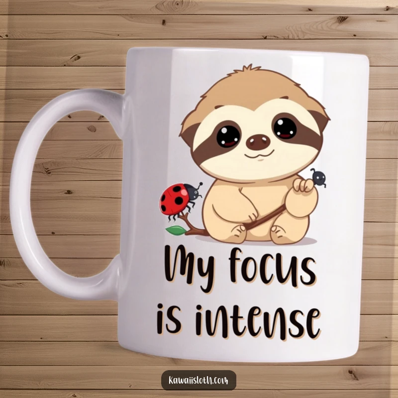 Funny mug featuring a sloth with big, dreamy eyes intently watching a small ladybug crawl by, conveying peaceful fascination and humor.