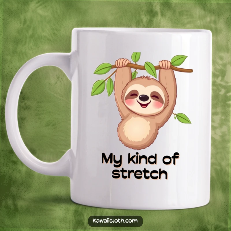 Funny sloth mug with a happy, relaxed smile, dangling upside down from a leafy branch, embodying pure sloth joy.