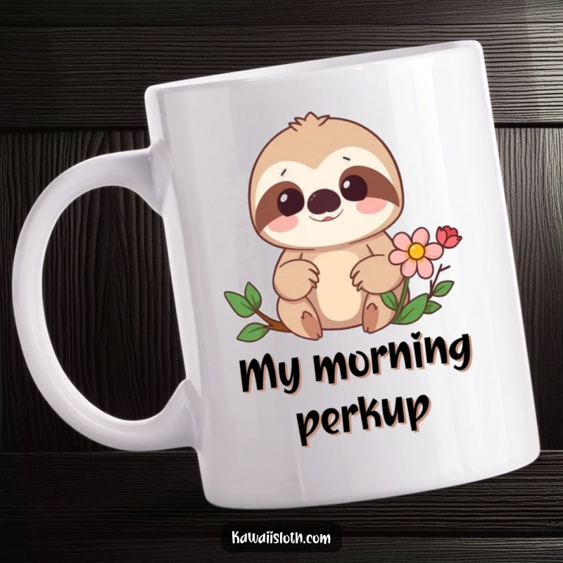 Funny mug featuring a sloth with a wide-eyed, surprised expression discovering a hidden flower, a cute and humorous gift.