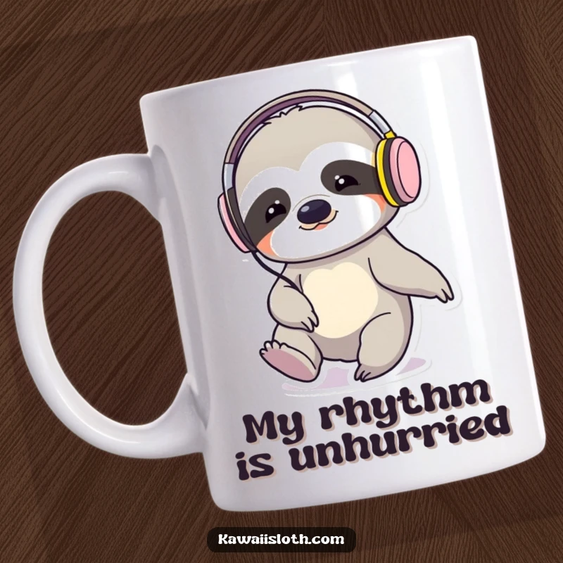 Funny sloth wearing headphones, slowly tapping its foot to music, on a ceramic mug, perfect gift.