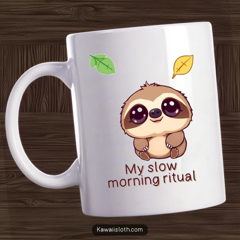 Funny mug featuring a sloth with huge, kind eyes gazing upwards at a single falling leaf, embodying peaceful contemplation.