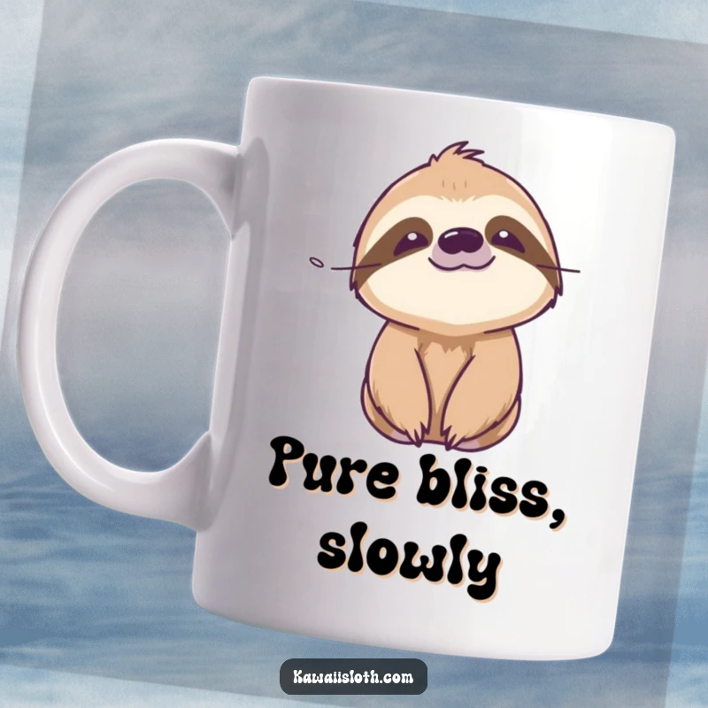 Funny serene sloth mug showing a sloth with a peaceful expression, enjoying the gentle caress of a soft breeze.