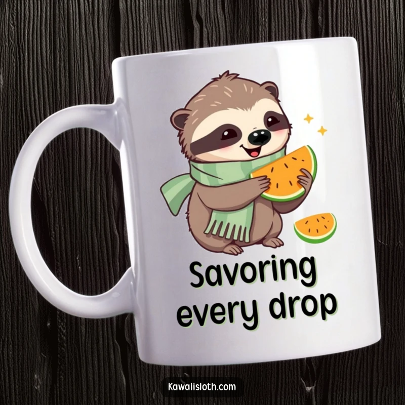 Funny mug featuring a happy sloth wearing a scarf, taking a slow, contented bite of a juicy piece of fruit.