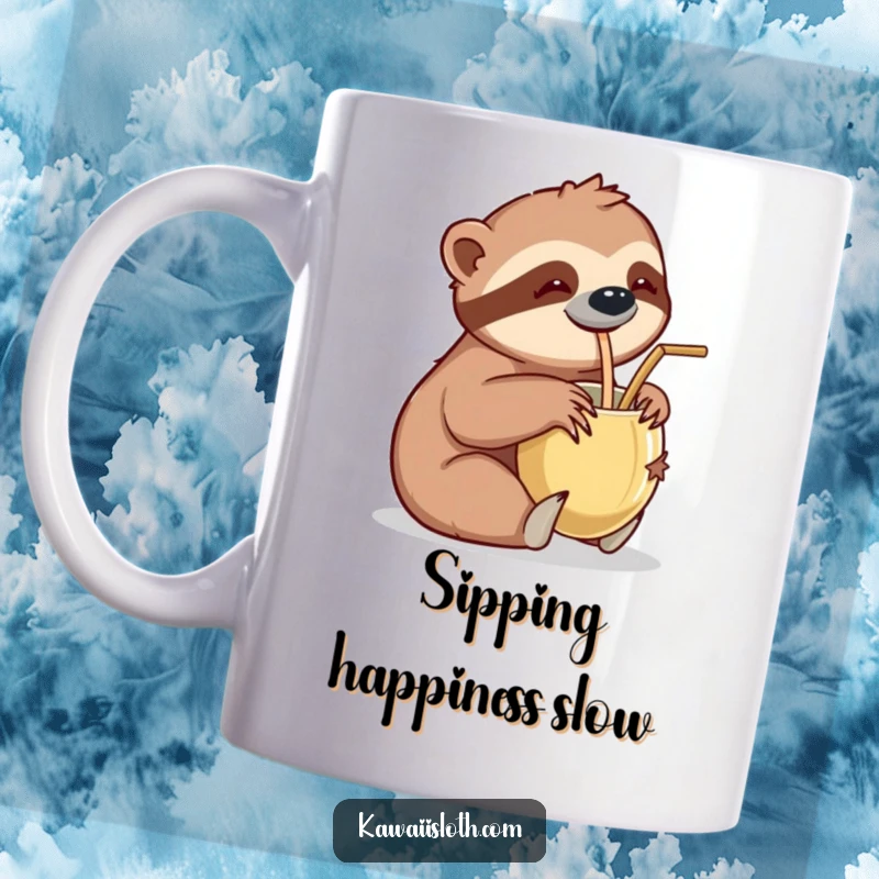 Funny mug showing a sloth leisurely sipping from a coconut cup with a straw, embodying relaxation and vacation vibes.